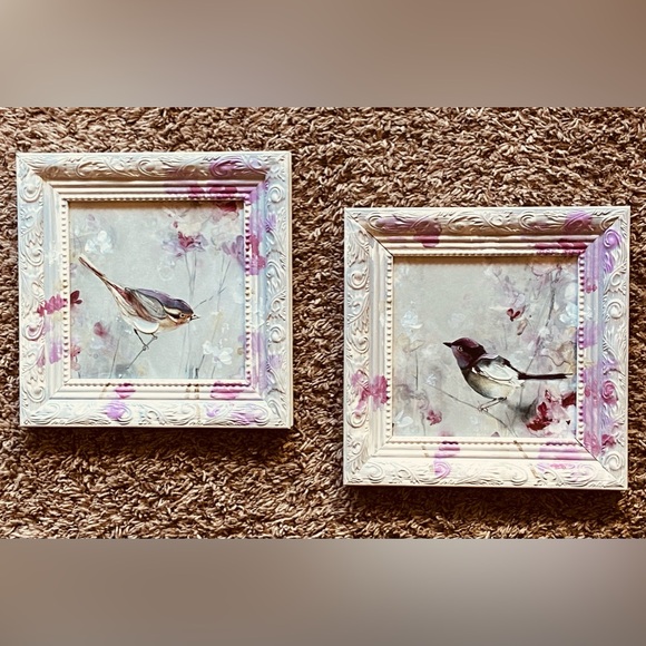 NWT Two 9x9” Delightful Framed Bird Wall Art Paints- Mauve Pinks & Bright White - Picture 5 of 16